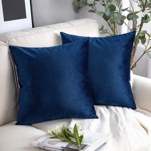Phantoscope Pack of 2 Velvet Decorative Throw Pillow Covers Soft Solid Square Cushion Case for Couch Navy Blue 18 x 18 inches 45 x 45 cm