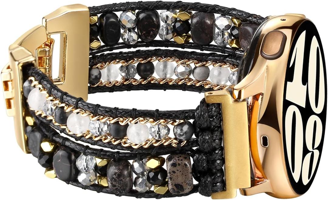 Beaded 20mm Watch Band Compatible with Samsung Galaxy Watch 7/6/5/4 Band/Active 2 Bands 40mm 44mm/Galaxy Watch 5 Pro Band/Watch 3 41mm/Watch 4 Classic 42mm 46mm, Boho Watch Bracelet Strap Smart Watch Band for Women Men Black Beads, One size
