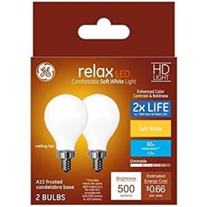 GE Relax 2-Pack 60 W Equivalent Dimmable Soft White A15 LED Light Fixture Light Bulbs Globe Candelabra Base