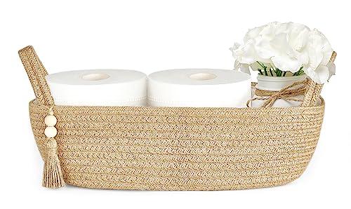 Mkono Small Storage Basket for Toilet Tank Top Boho Bathroom Decor Woven Rope Toilet Paper Tray Organizer for Shelf Bedroom Living Room, Jute, 1 Pack, 13" L x 6" W