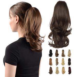 SOFEIYAN 13" Ponytail Extension Long Curly Ponytail Clip in Claw Hair Extension Natural Looking Synthetic Hairpiece for Women, Brown & Light Auburn Mixed
