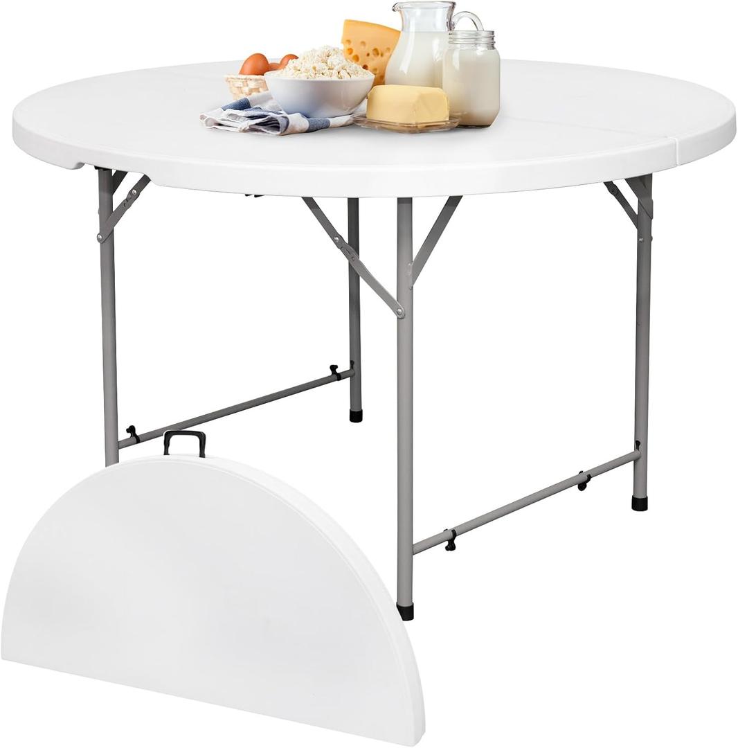 48in Round Folding Table with Carrying Handle, White 4 Feet Portable Plastic Dining Card Table for Kitchen or Outdoor Party Wedding Event