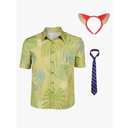Nick Wilde Costume Adult Fox Nick Cosplay Hawaii Green Printed Shirt Fox Ear Hairband Striped Tie Halloween Outfits, M