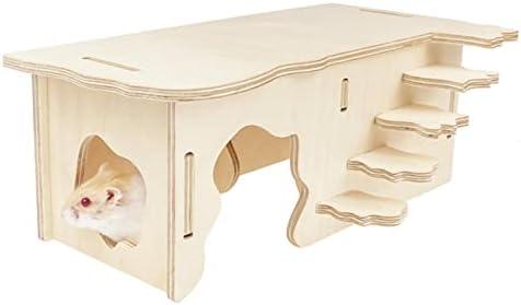 Hamster Wooden House with Steps & Multi-Chamber Hideout, Natural Chew Toy for Syrian Mice, Gerbils, Dwarf Hamsters, Small Animal Cage Accessories, S