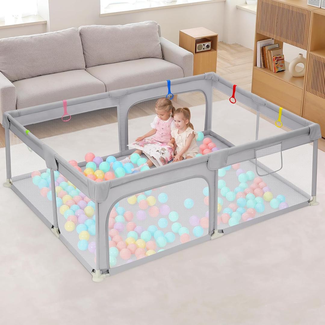 Dripex Baby Playpen, 71"47" Play Pens for Babies and Toddlers, Safe Anti-Fall Play Yard with Gates, Baby Fence with Breathable Mesh, Indoor & Outdoor Kids Activity Center, Ash Grey (71"47", Ash Grey)