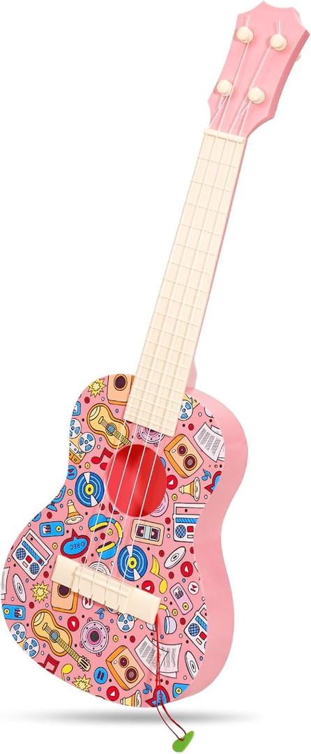 LeeQee 21in Colorful Graffiti Ukulele Guitar for Kids, 4 Strings Kids Guitar Ukulele Musical Instruments Learning Educational Toys with Picks for 3 4 5 6 7 8 9 10 11 12 Toddler Boys Girls (Pink)