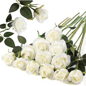 12PCS Artificial Silk Flowers Realistic Roses Bouquet Long Stem for Home Wedding Decoration Party (White -2) (6 Flowers 6 Buds)