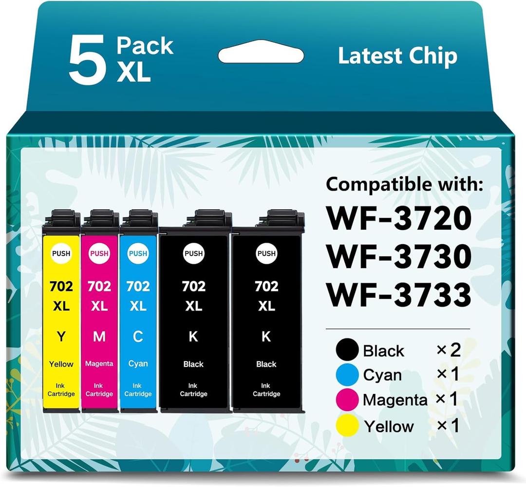 for 702XL Ink Cartridges Combo Pack Remanufactured for Epson 702 Ink Cartridge 702 XL T702XL for Workforce Pro WF-3720 WF-3730 WF-3733 Printer (5 Pack)