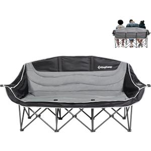 KingCamp 3 Person Camping Chair, Oversized 1100lbs Heavy Duty Loveseat for Adults Portable Folding XL 2 Person Couch Padded Comfortable Three Seat with Cup Holder for Outdoor Lawn Backyard, Black/Grey