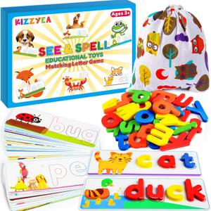 Learning Educational Toys for 2 3 4 5 6 Years Old Boys Girls, See & Spell Matching Letter Game with Alphabet Cards for Kids, Preschool CVC Word Builders Toy, Christmas Birthday Gifts for Age 2-4 4-6