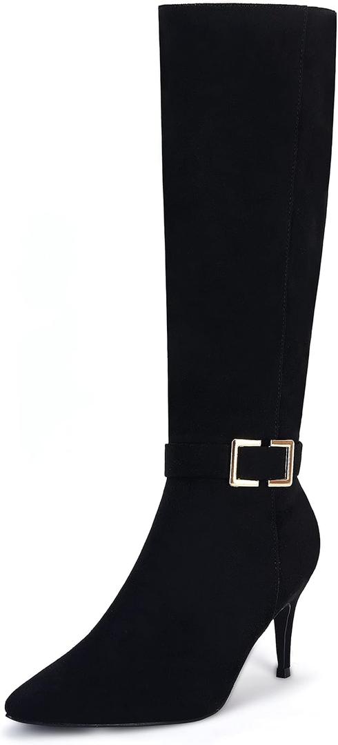Coutgo Womens Knee High Boots Stiletto Heels Suede Pointed Toe Wide Calf Metal Buckle Side Zipper Winter Boots (8.5, Black)