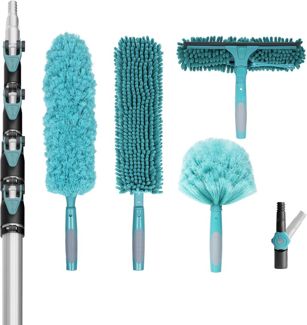 30 Foot High Reach Duster Kit with 24FT Extension Pole High Ceiling Dusting and Window Cleaning Kit with Telescopic Pole Window Washer&Squeegee, Cobweb Duster, Fan Duster and Feather Duster, 24FT POLE