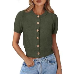 PRETTYGARDEN Womens Casual Summer Short Sleeve Cardigans 2025 Button Down Knitted Sweater Basic Crew Neck Crop Tops M