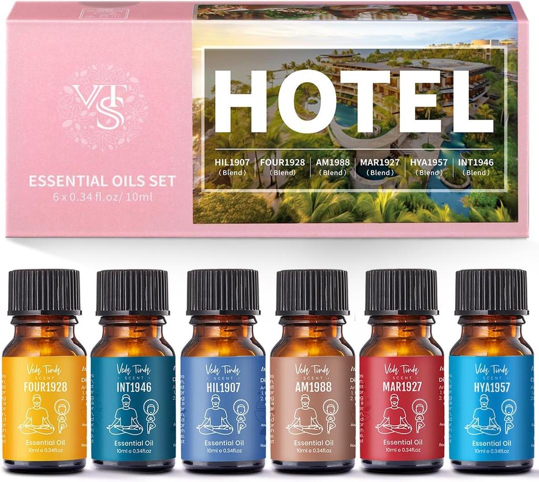 Hotel Scent Essential Oils Set, VEDA TINDA SCENT Luxury Hotel Diffuser Oil, Aromatherapy Gift Hotel Inspired Fragrance Oil Blends (6 x 10 ML) for Waterless Diffusers, Soap & Candle Making Scents