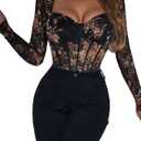 SweatyRocks Women's Sheer Floral Lace Long Sleeve Bodysuit Tops Sweetheart Neck Jumpsuit, Black, Large