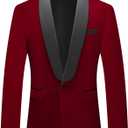Mens Velvet Blazer Slim Fit Tuxedo Suits Jacket Shawl Collar Solid Jacket Wedding Dinner Prom One Button Blazer Jacket (Wine Red)