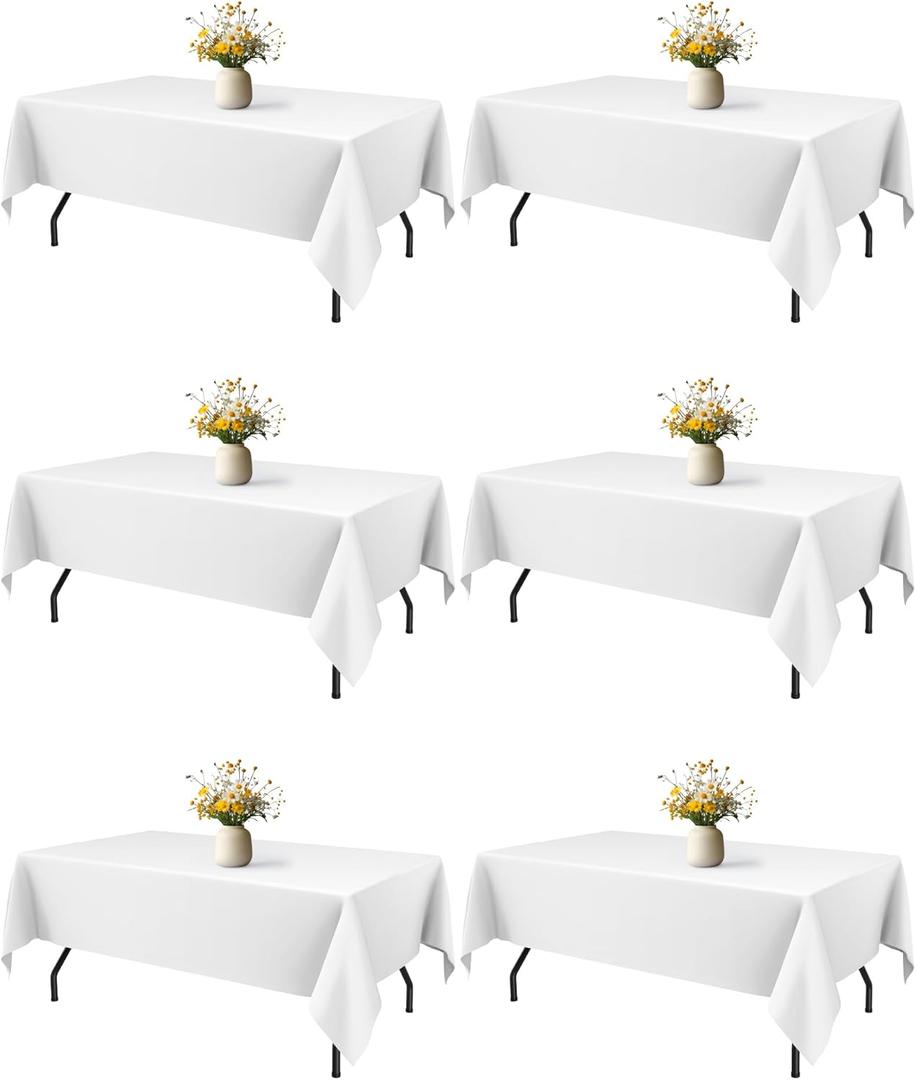 White Fabric Rectangle Table Cloth - 6 Pack, 60" x 84" Washable Tablecloth for 5FT Tables, Wrinkle-Resistant & Heat-Proof Table Cover for Weddings, Dinners & Parties