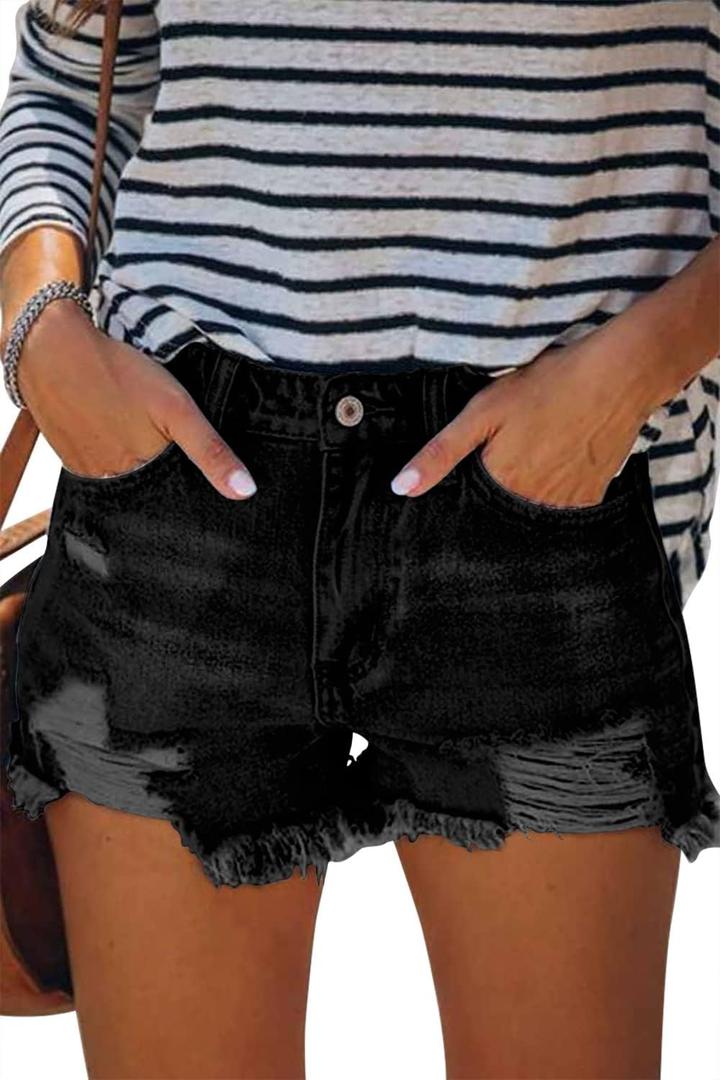Women's Denim Shorts Mid Rise Ripped Jean Short (Medium, #1 Black)