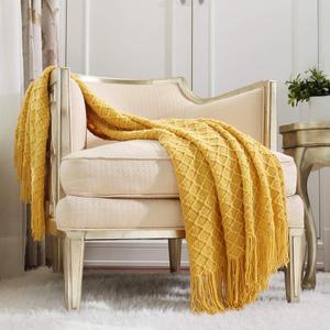 CREVENT Knitted Decorative Throw Blanket for Couch Sofa Chair BedSoft Warm Cozy Light Weight for Spring Summer (50''X60'' Mustard Yellow)