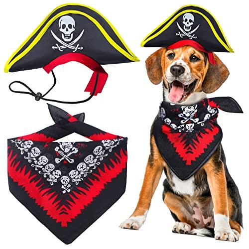 Aichiyu 2 Pieces Skull Print Pet Pirate Hat with Pirate Skull Bandana Dog Cat Captain Cap Halloween Pirate Cosplay Costume Halloween Party Hat Dress Up Costume Accessories (C), One Size