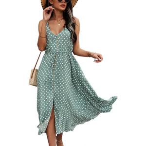 BROVAVE Women's 2025 Summer Casual Boho Sundress Polka Dot Spaghetti Strap V Neck Flowy Midi Dresses (Green)