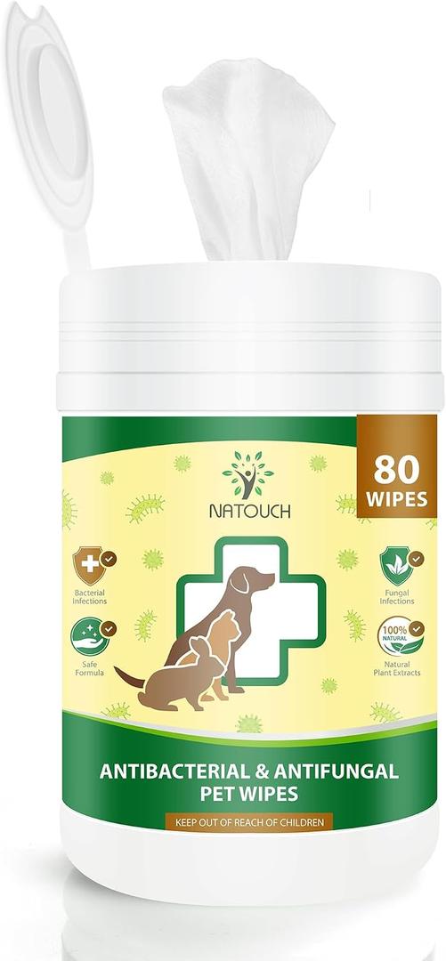 Antifungal and Antibacterial Wipes for Dogs & Cats, Dog Yeast Infection Treatment Wipes, All Natural Grooming Wipes for Cleaning, Help with Hot Spots, Ringworm, and Skin Infections, 80 Count