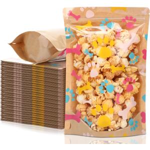 200 Pcs Dog Treat Bags for Homemade Treats Paw Patterns Kraft Treat Bags, Stand up Resealable Pouches with Clear Window Zipper Closure Pouches for Pet Candy Cookies Food(6.3 x 9.5 Inches)
