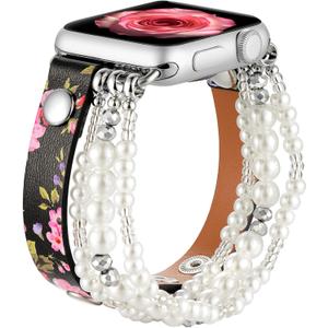 fastgo Leather Wrap Bracelet Band Compatible with Apple Watch 44mm 42mm 45mm 49mm Women,Elastic Beaded Pearl Bracelet Strap for Iwatch SE &Series 9 Ultra 8 7 6 5 4 3 2 1 Black Pink(42/44/45/49mm)