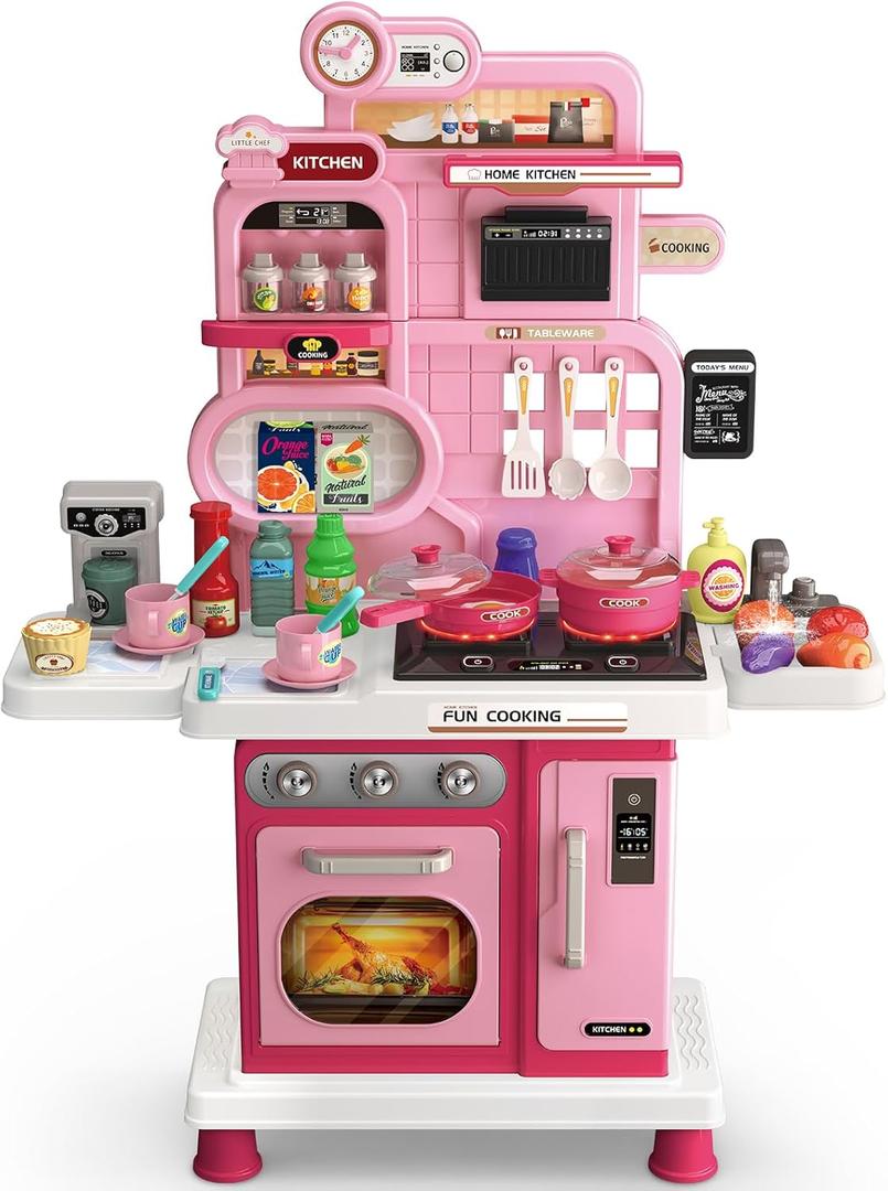 Play Kitchen Set, Kids Kitchen Playset with Realistic Sound & Light, Cooking Stove, Sink, Play Food and Accessories, 57 Pcs Kitchen Toys Gifts for Toddlers 2-4 3-5 Girls (Pink)