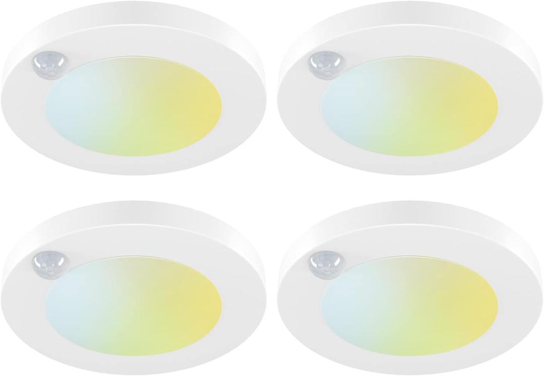 4 Inch Field Selectable 5CCT LED Motion Sensor Ceiling Light, 120V Wired Closet Light, 10 Watts, 600Lm, CRI80+, Non-dimmable, ETL Certified, Wet Location, Round/White, 4 Packs