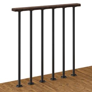 Deck Metal Porch Guard Rail Kit with Balusters - 2 Section Wrought Iron Flat Railing with Wooden Top for Outdoor Deck, Porch, and Balcony (34 in. H x 2.7 ft. W) (Rustic Brown+Black)