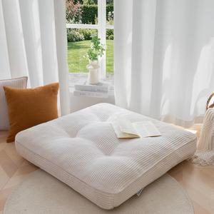 HIGOGOGO 35" Floor Pillow Cushion for Adults, Meditation Cushion Pillow, Extra Large Square Floor Sitting, Tufted Corduroy Cover for Tatami Living Room or Yoga, Beige