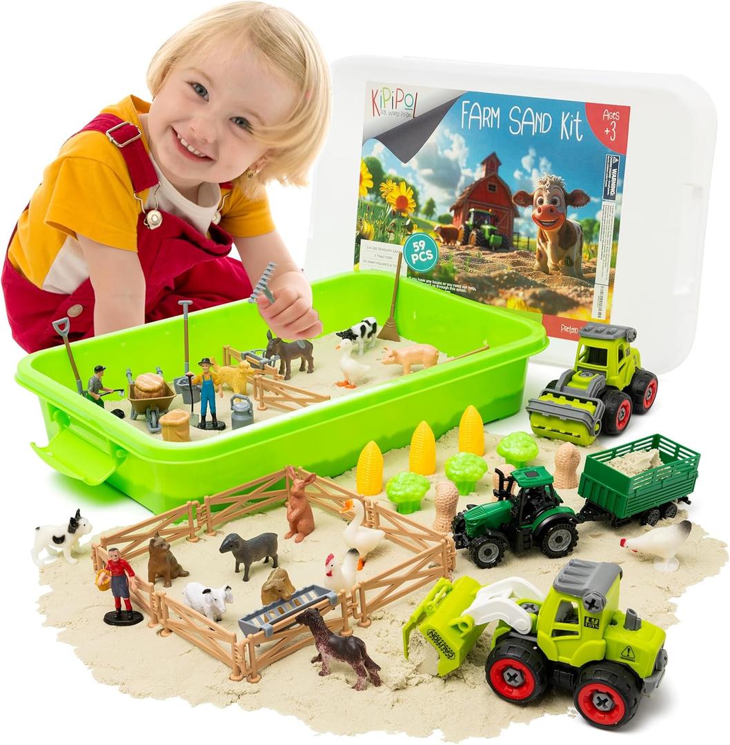 59 PCS Farm Sensory Bin - Sandbox with Lid, 2.2 LB Sensory Sand Kit for Boys, Toddler Farm Toys, 3 Take Apart Construction Trucks -Sensory Toys for Kids 5-7, 3-4 & Up- Kids Gifts for Boys and Girls