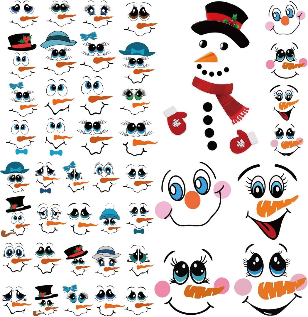 4 x 45pcs Snowman Face Stickers for Crafts Cute Christmas Ornaments Vinyl Snow Man Face Decals Xmas Winter Holiday Stickers for Window Glass Cups Balls Jars Wall Party Supplies Home Decoration(face45)