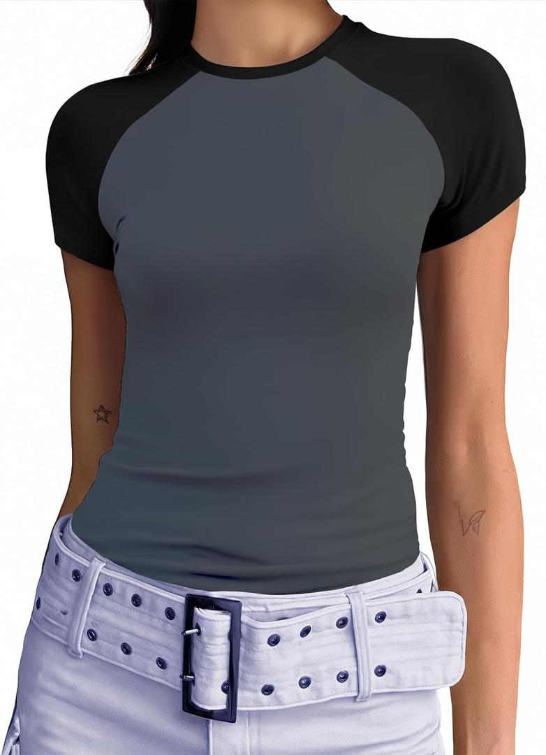 Abardsion Trendy Baby Tees for Women Y2K Shirts Cute Short Sleeve Crewneck Slim Fit Going Out Tops (Small, Dark Grey & Black-sleeve)