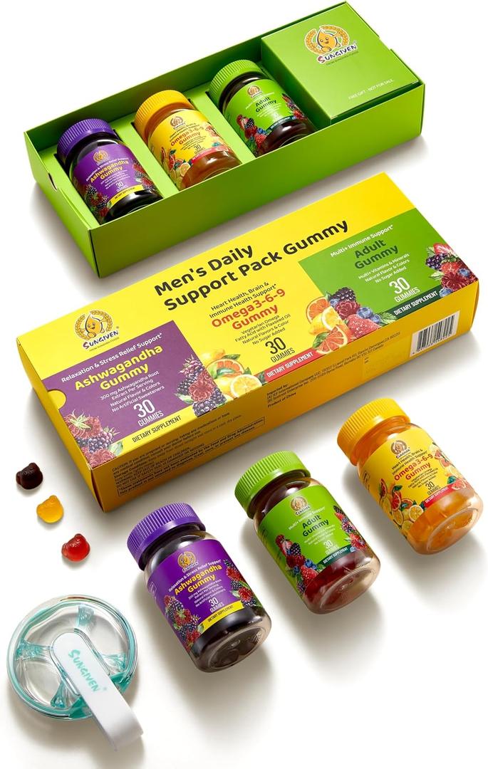 SUNGIVEN Men's Multivitamin Gummy Pack, 3 Support for Heart Brain Sleep Daily Health, Vitamins A, D, C, E, B12, Omega-3, Ashwagandha, Adult Chewable Vitamin, Berry Flavor, 15 Day Supply - 90 Count