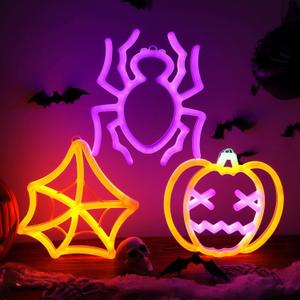 3 Pack Halloween Neon Sign for Wall Decor, Pumpkin Spider Neon Light Spider Web LED Lights for Halloween Decorations, Battery or USB Powered, Light up Sign for Party, Home, Room, Window Decor