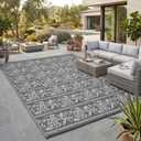 Garvee Outdoor Rugs 9x12 Waterproof Reversible Mat Boho Leaf Patio Rug with 4 Stakes and Starage Bag, Large Outdoor RV Mat Rugs for Camping, Picnic, Balcony, Deck, Backyard, Grey & White