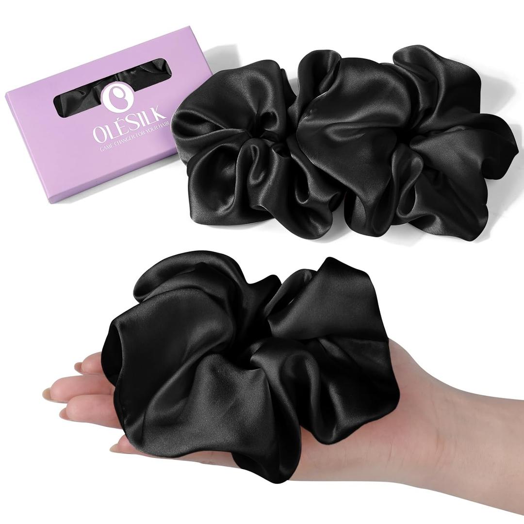 OLESILK Silk Scrunchies Oversized 100% Mulberry: Large for Women& Girls Long Thick Hair, Soft Smooth for No Damage Hair Care Sleeping (1 Count (Pack of 2), Black)