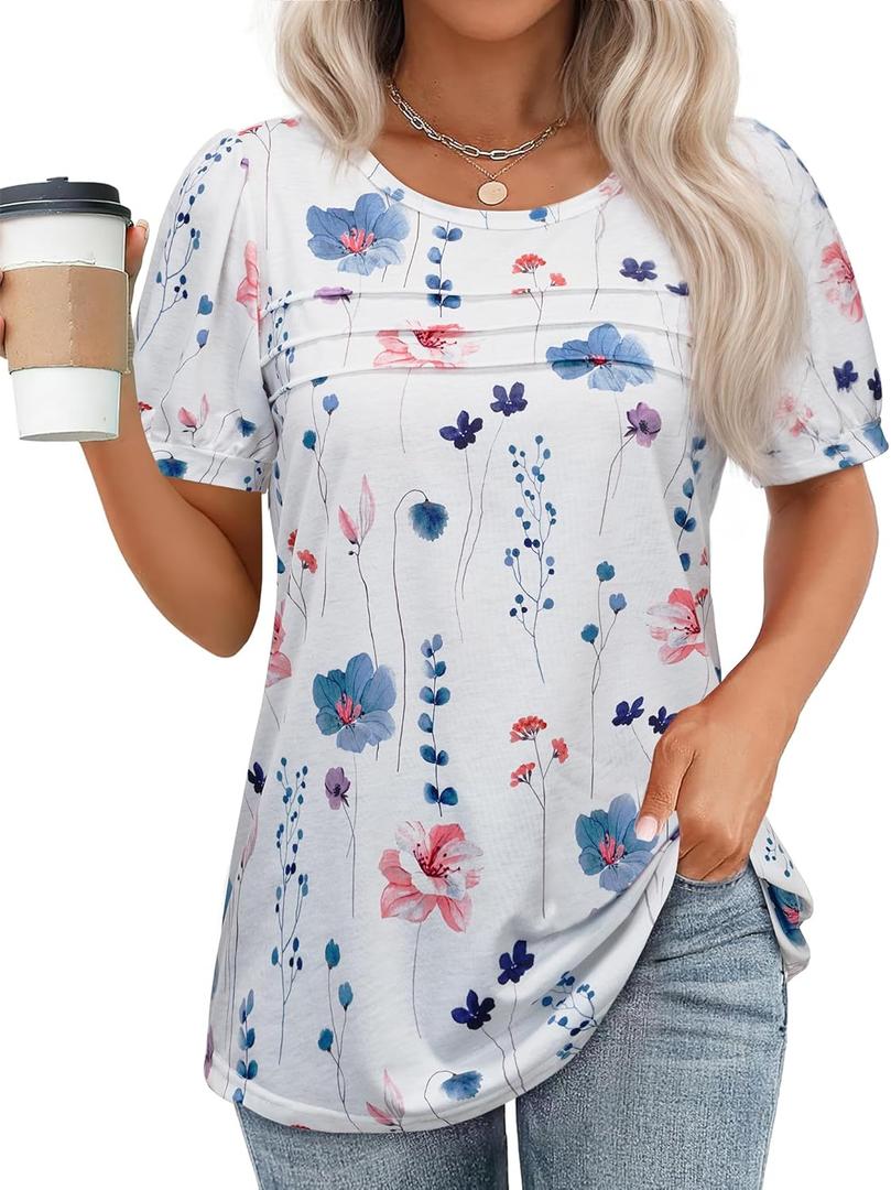 Womens Summer Short Sleeve Tops Pleated Shirts Crewneck Outfit Puff Sleeve Blouses Casual Tunic Blue Flower (White, XL)