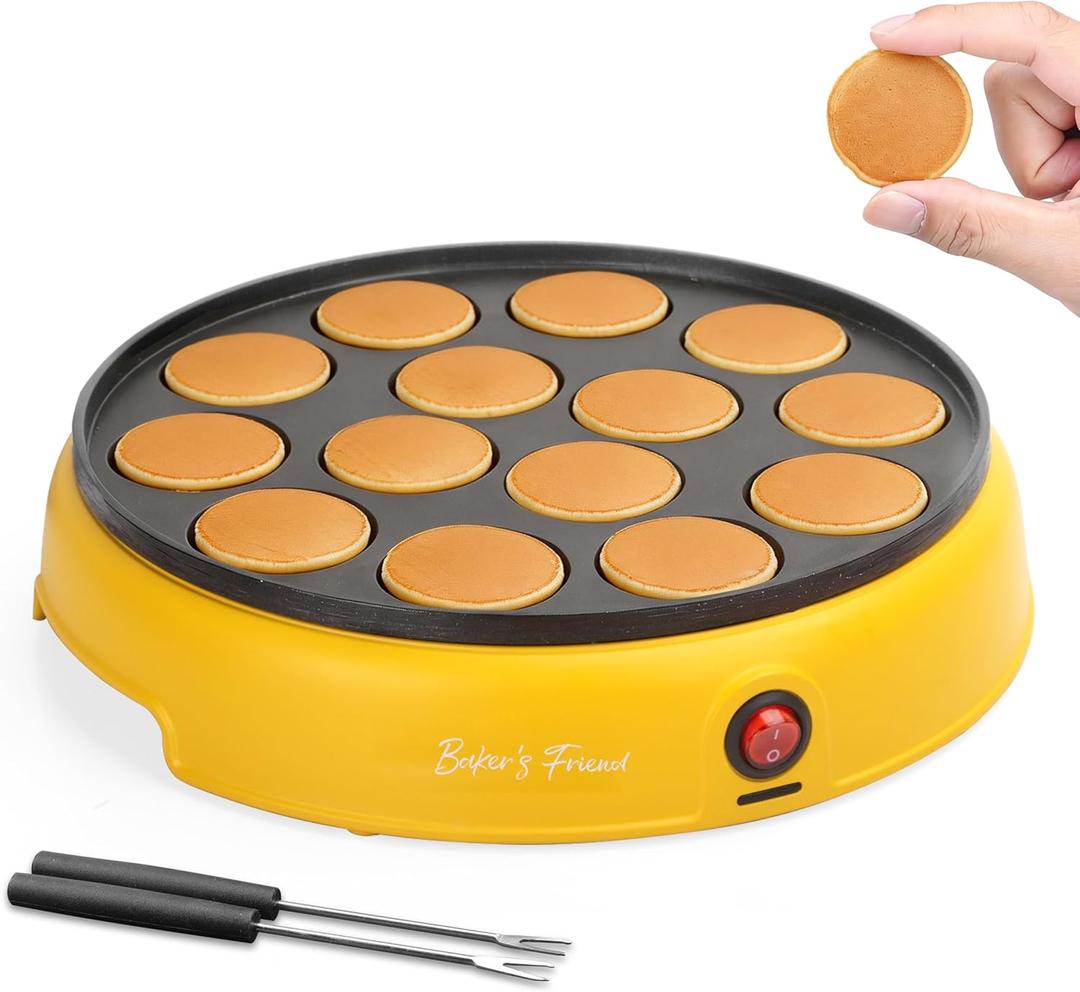 Baker's Friend Mini Pancakes Maker Machine, Dutch Mini Pancake Griddle, 14 Holes Electric Poffertjes Pan, Ideal for Breakfast, Snacks, Desserts & More, Yellow