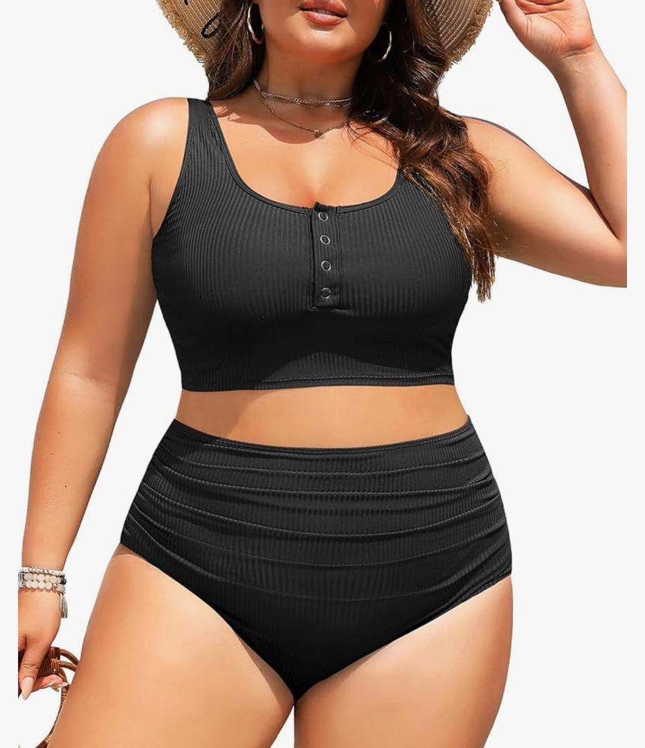 Yonique Plus Size 2 Piece Swimsuit - Womens High Waisted Bikini Tummy Control Bathing Suit Ribbed 2025 Swimwear, 18W