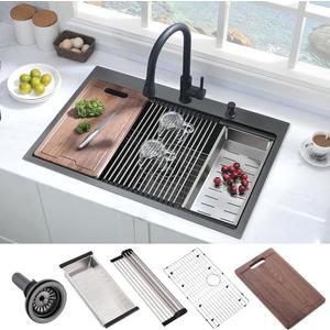 31 Inch Black Drop In Kitchen Sink Workstation-Hovheir 31x20 Drop In Kitchen Sink Black Drop In Topmount Workstation Sink 16 Gauge Stainless Steel Single Bowl Deep Kitchen Sinks with Cutting Board