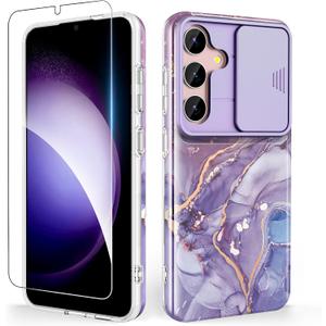 SHEDEER for Samsung Galaxy S25 Case, with Slide Camera Cover & Screen Protector, Chic Pattern, Shockproof 360 Degree Protective Slim Thin Phone Case Cover for Galaxy S25, River Purple