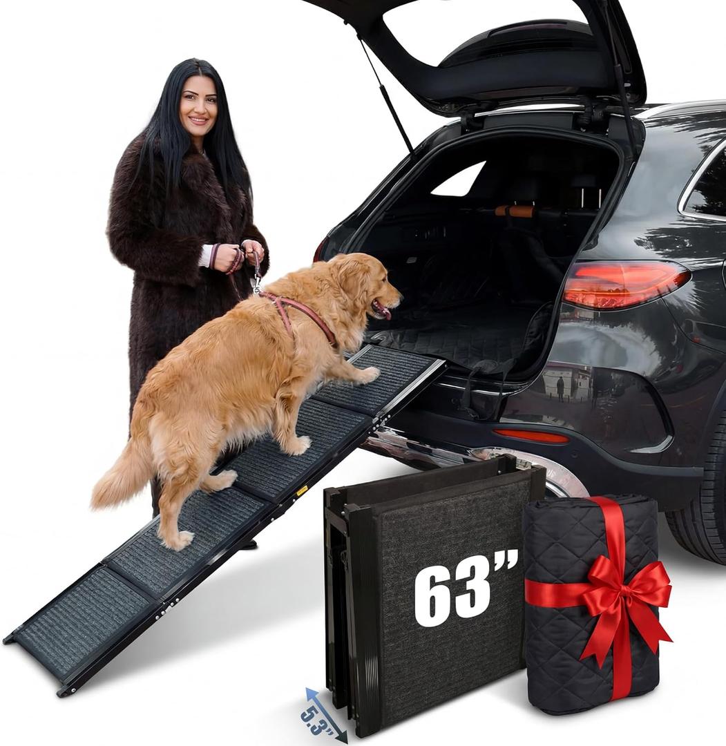 Dog Ramp for Car Travel Bundle  63 Foldable Non-Slip Dog Ramp + Waterproof Back Seat Cover + 15 Poop Bags  Complete Pet Travel Set for SUV, Truck & Car  Safe Access, Clean Seats, Easy Trips