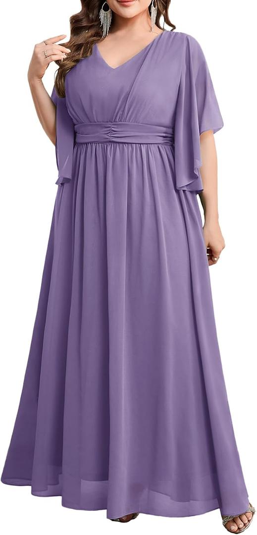 Plus Size Elegant Formal Chiffon Dress A Line Maxi Bridesmaid Mother of The Bride Gala Evening Wedding Guest Prom Gown (Purple, XXXL)
