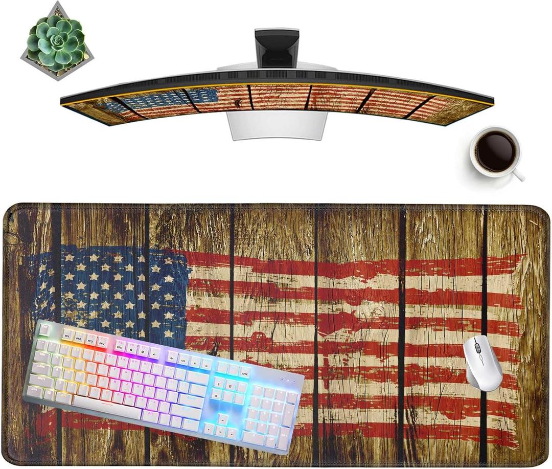 Mouse Pad 31.5 X 15.7 in, Extended Large Mat with Stitched Edges, Non-Slip Rubber Base, Home Office Desk Decor Accessories for Computer Laptop Work Gaming (Retro Wood Old USA Flag)