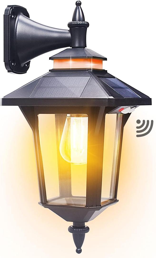 Motion Sensor Solar Wall Lights Outdoor with 3 Lighting Modes, Dusk to Dawn LED Wall Lantern Porch Sconce Waterproof Exterior for Barn Patio Garage Garden Farmhouse Door, 2 Types of Wall Mount (Black) (1 Pack))