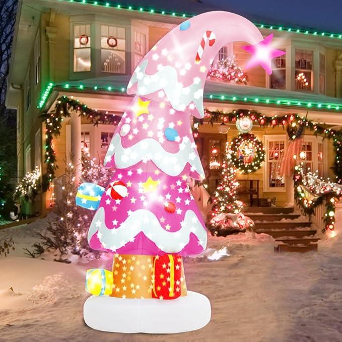 6 FT Christmas Outdoor Inflatable Decorations, Blow Up Pink Christmas Tree with LED Light for Xmas Holiday Party Garden, Yard, Lawn Decor