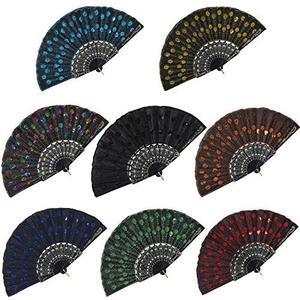 BABEYOND 7pcs Vintage Folding Hand Fan Embroidered Sequins Handheld Folding Fan Fabric Folding Fan for Wedding Dancing Party (Color Random Selected with Embroidered Sequins)